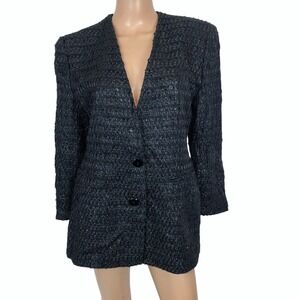 Vintage Dana Buchman Tweed Blazer Jacket 8 Metallic Navy Formal Party Retroglam